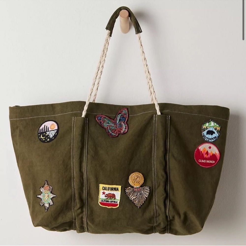 Free People Been There Patch Badge Olive Green Canvas Tote Bag